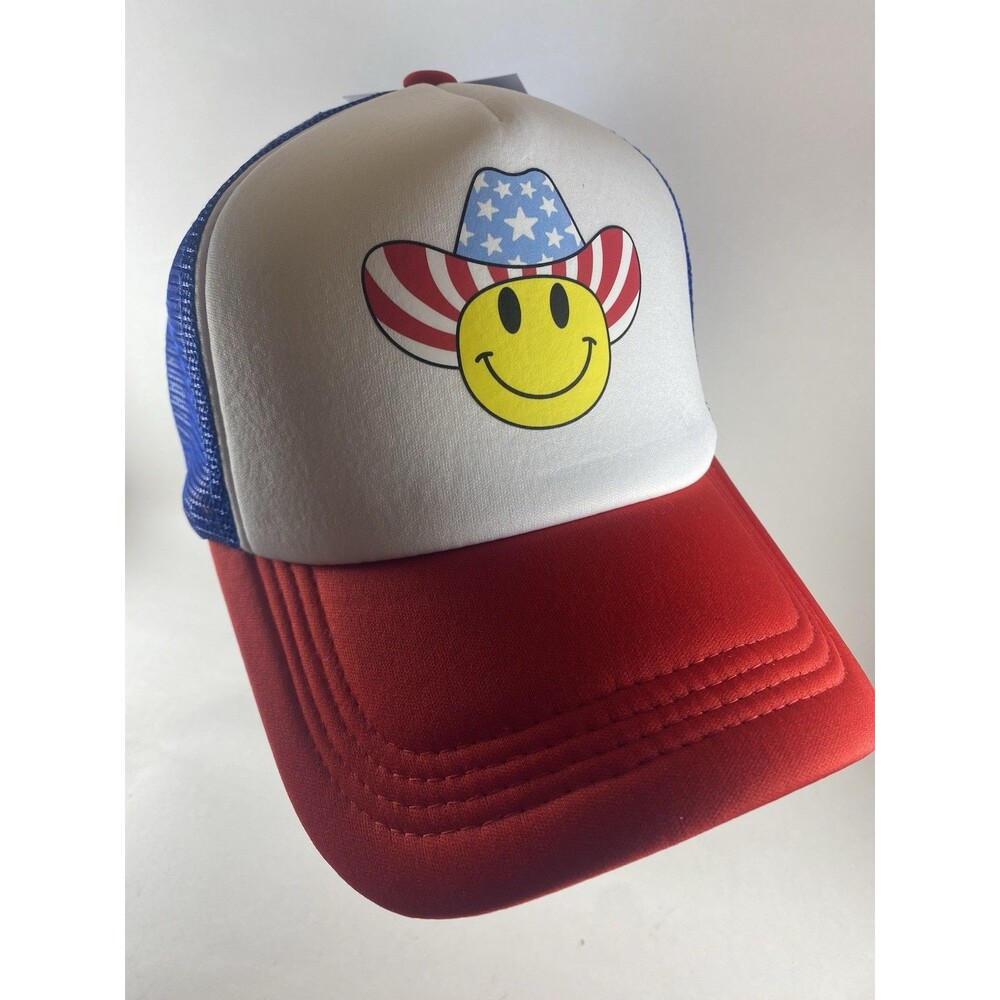 Lot of 10 USA Smiley Face Cowboy Hat Trucker Caps Red White Blue Mesh Snapback